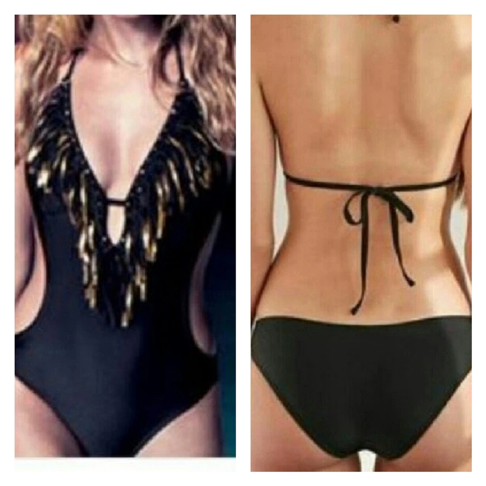 Xhilaration Black One-Piece Swimsuit with Gold Fringe
